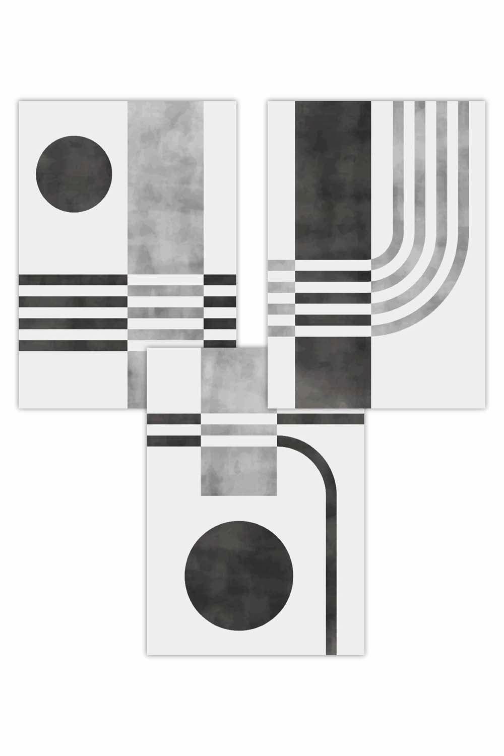 Set of 3 Mid Century Graphical Shapes in black and Grey Art Posters